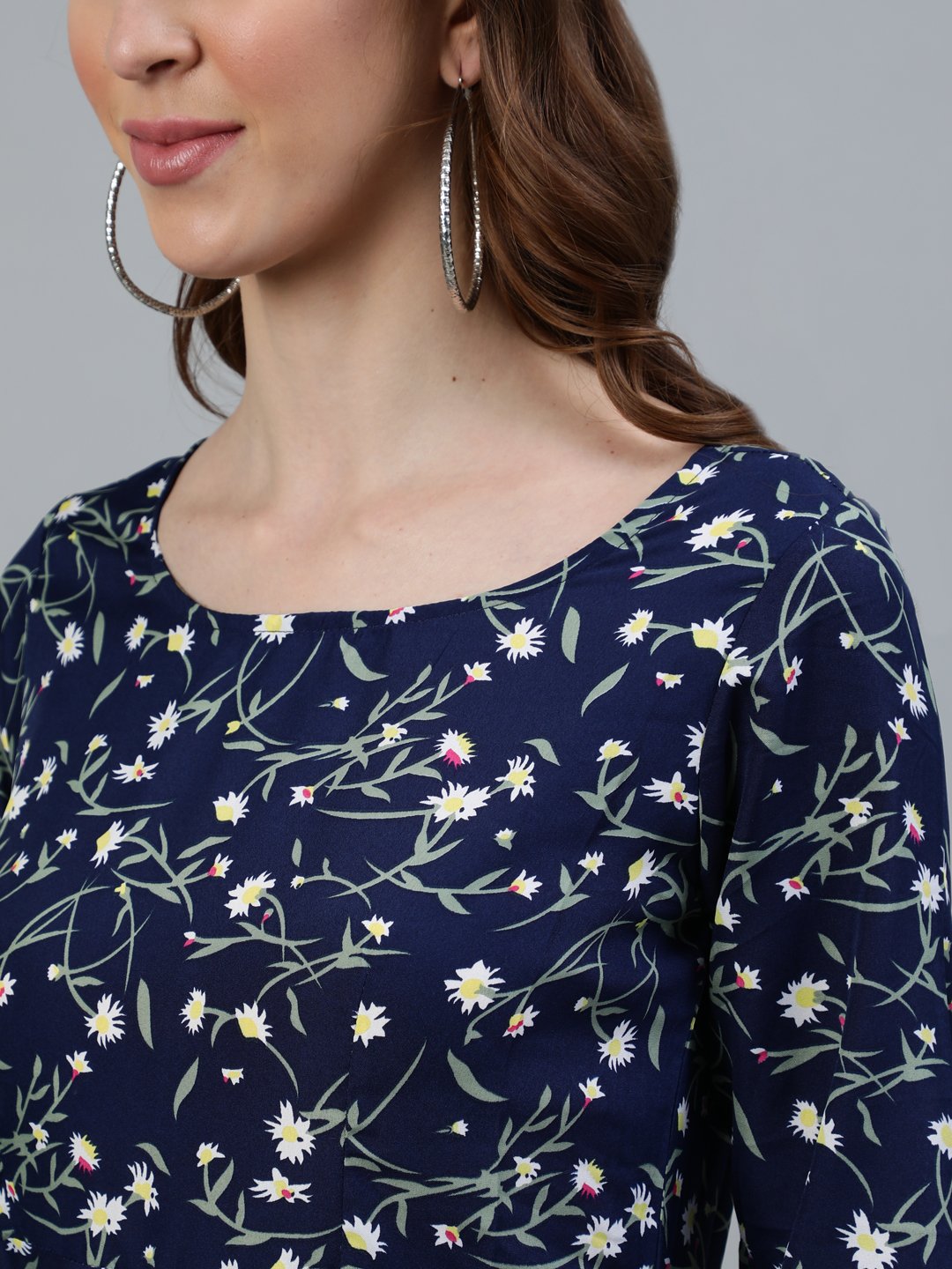 Women's Navy Blue Floral Printed Maxi Dress With Three Quarter Sleeves