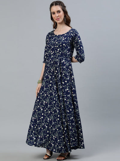 Women's Navy Blue Floral Printed Maxi Dress With Three Quarter Sleeves