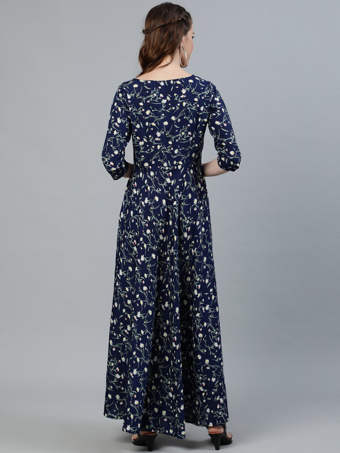 Women's Navy Blue Floral Printed Maxi Dress With Three Quarter Sleeves