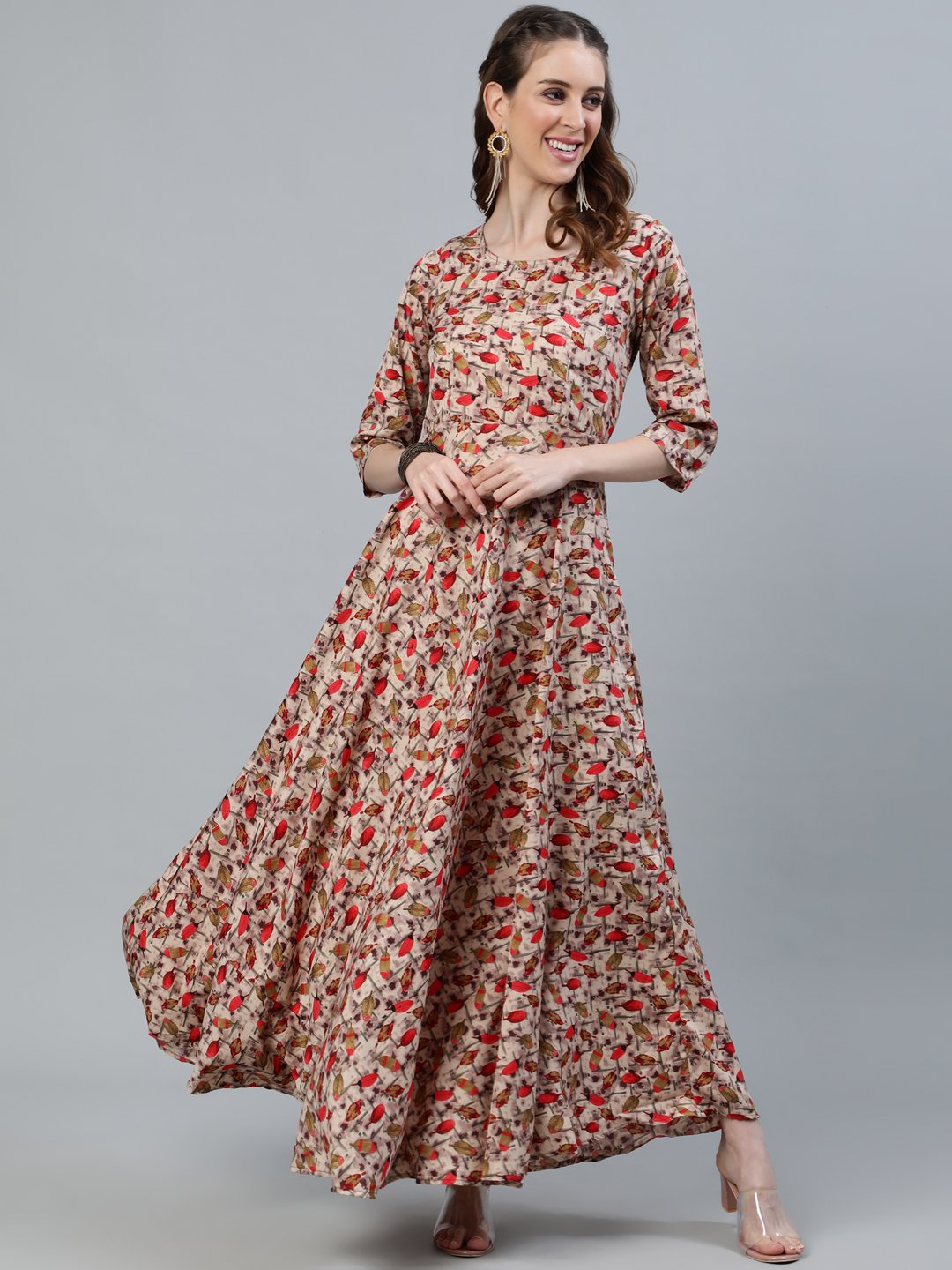 Women's Floral Printed Maxi Dress With Three Quarter Sleeves