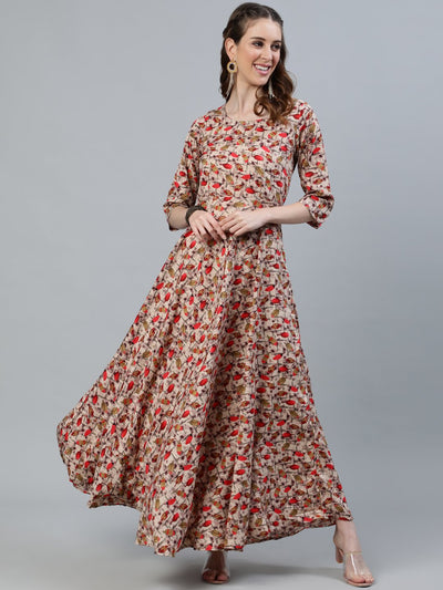 Women's Floral Printed Maxi Dress With Three Quarter Sleeves