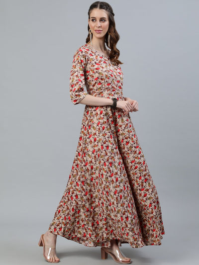 Women's Floral Printed Maxi Dress With Three Quarter Sleeves