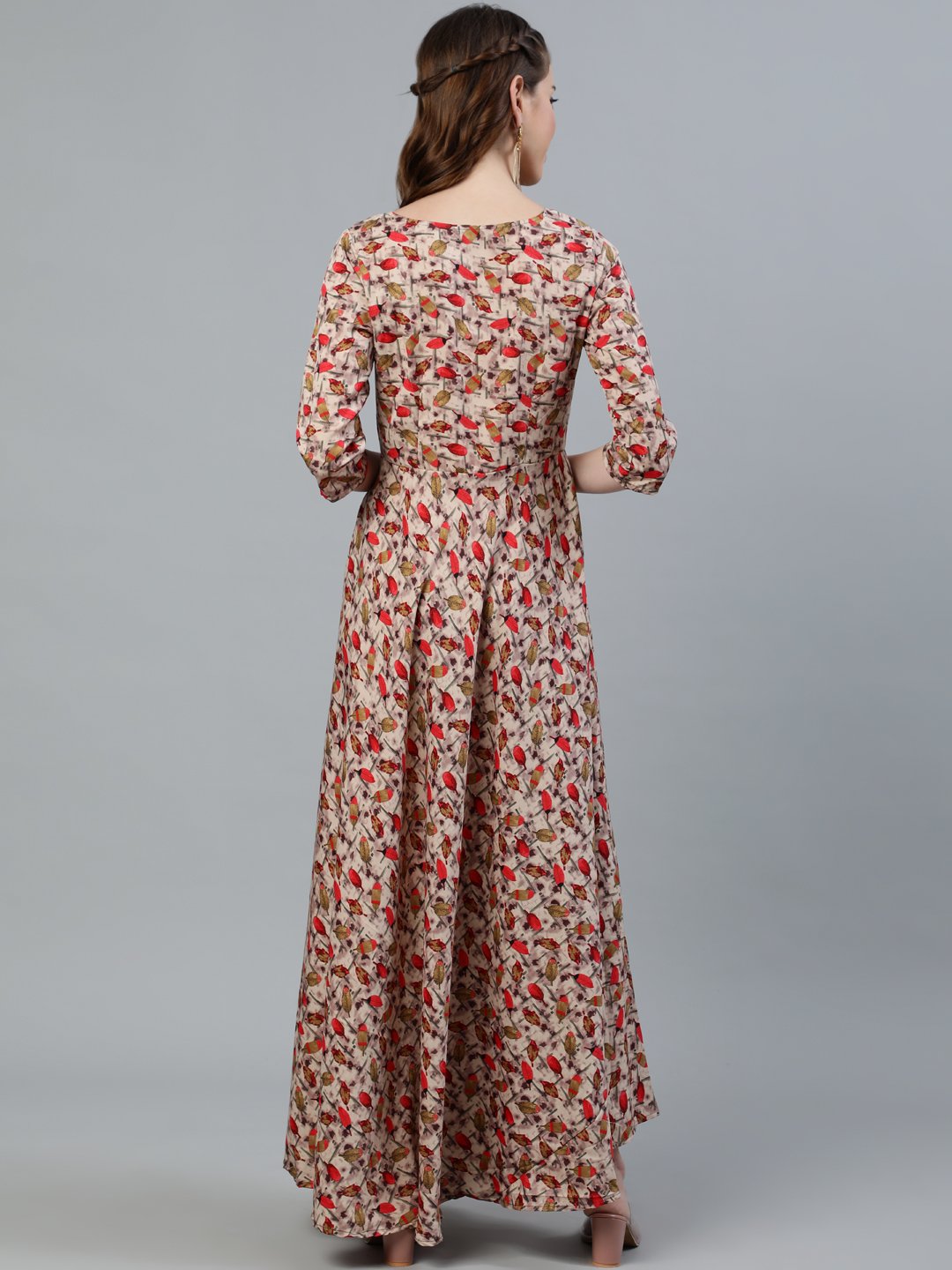 Women's Floral Printed Maxi Dress With Three Quarter Sleeves