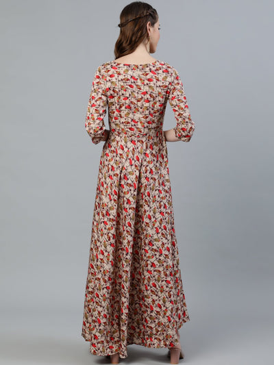 Women's Floral Printed Maxi Dress With Three Quarter Sleeves