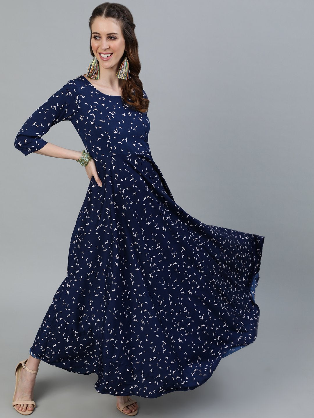 Women's Navy Blue Printed Maxi Dress With Three Quarter Sleeves
