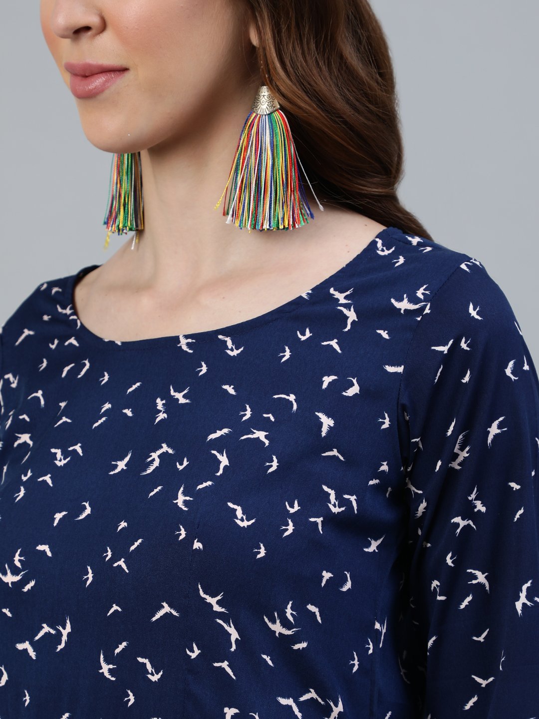 Women's Navy Blue Printed Maxi Dress With Three Quarter Sleeves