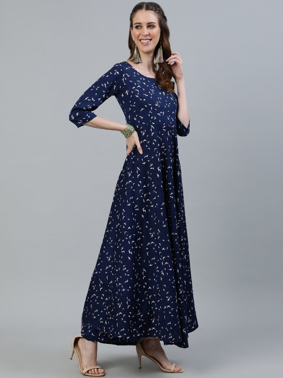 Women's Navy Blue Printed Maxi Dress With Three Quarter Sleeves