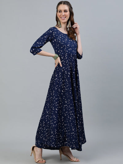 Women's Navy Blue Printed Maxi Dress With Three Quarter Sleeves