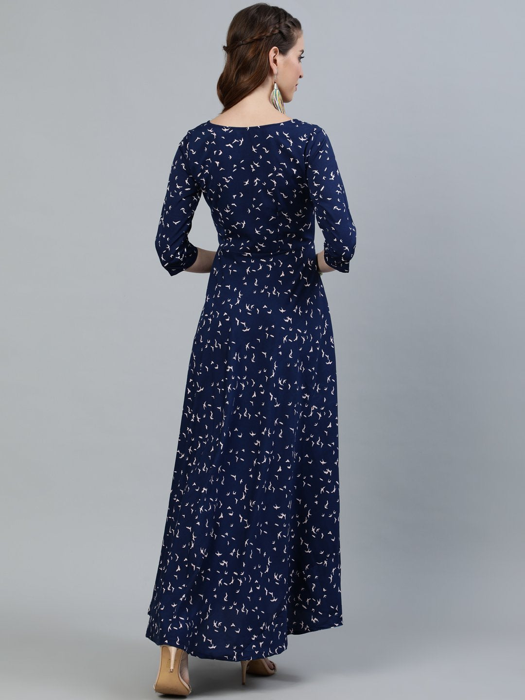 Women's Navy Blue Printed Maxi Dress With Three Quarter Sleeves