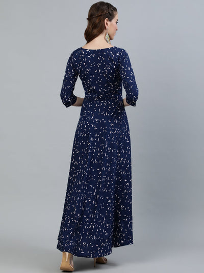 Women's Navy Blue Printed Maxi Dress With Three Quarter Sleeves