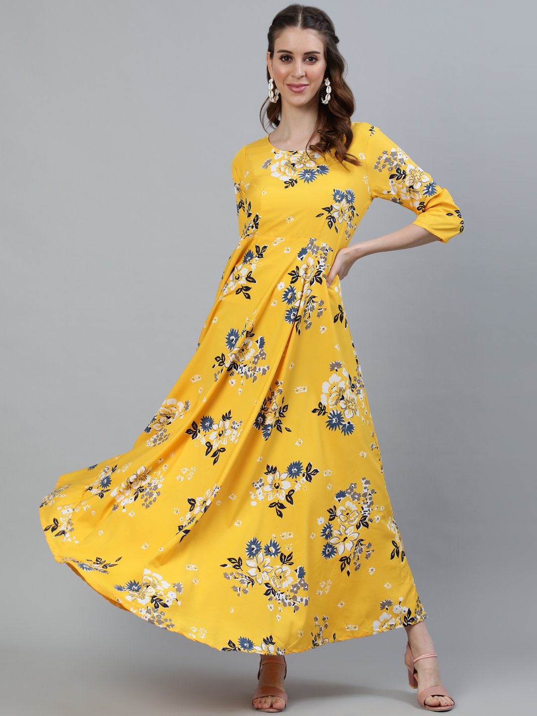 Women's Yellow Printed Maxi Dress With Three Quarter Sleeves