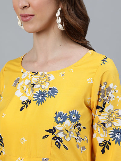 Women's Yellow Printed Maxi Dress With Three Quarter Sleeves