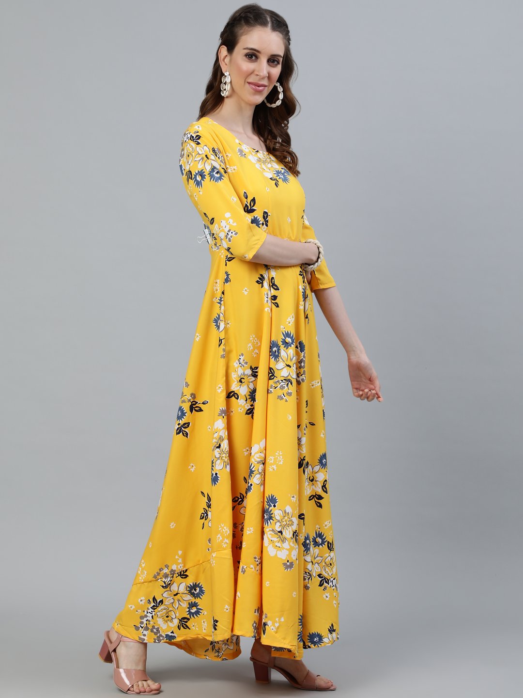 Women's Yellow Printed Maxi Dress With Three Quarter Sleeves