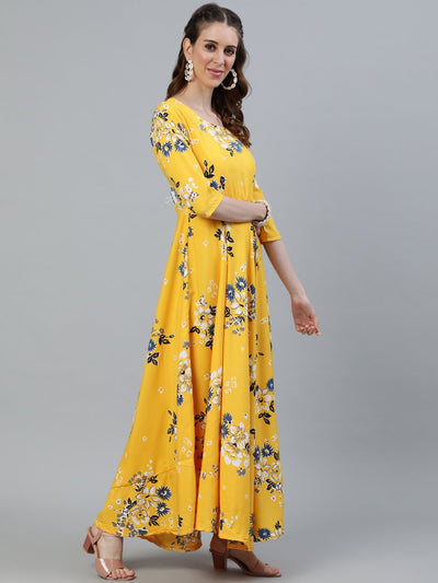 Women's Yellow Printed Maxi Dress With Three Quarter Sleeves