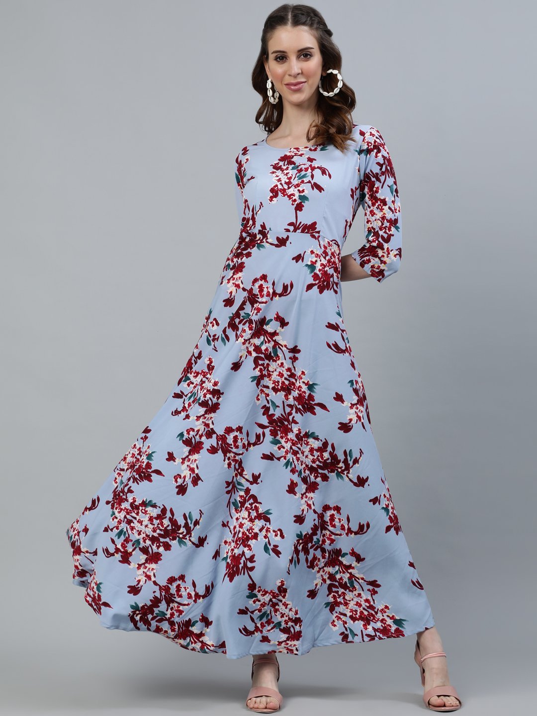 Women's Blue Floral Printed Maxi Dress With Three Quarter Sleeves