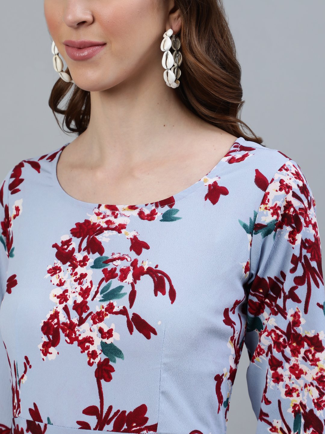 Women's Blue Floral Printed Maxi Dress With Three Quarter Sleeves