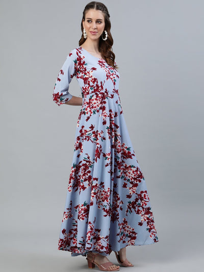 Women's Blue Floral Printed Maxi Dress With Three Quarter Sleeves