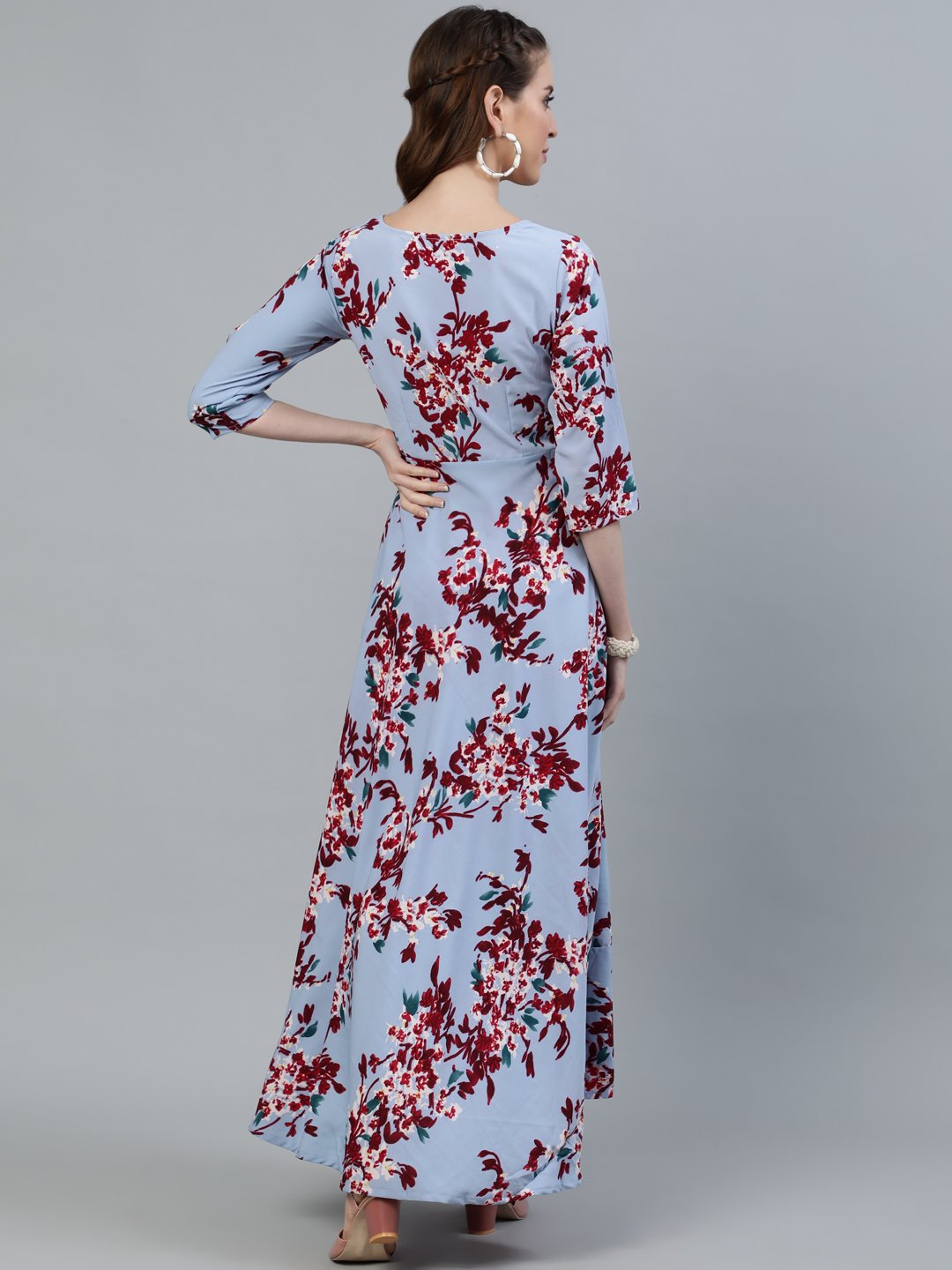 Women's Blue Floral Printed Maxi Dress With Three Quarter Sleeves