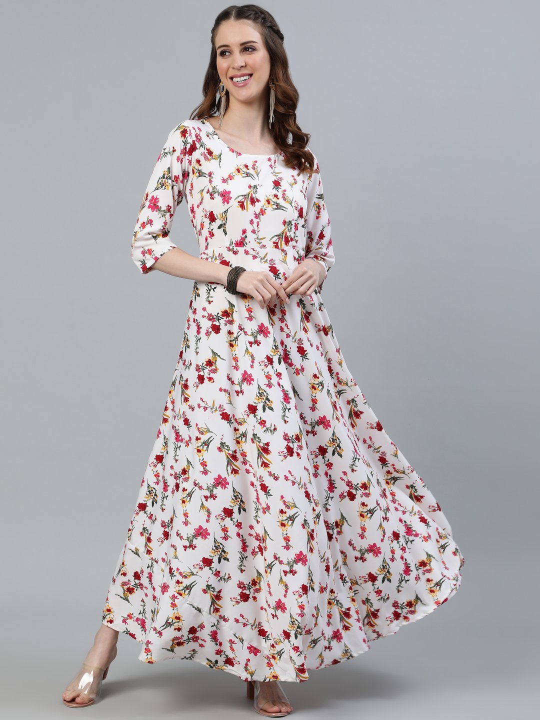 Women's Off-White Floral Printed Maxi Dress With Three Quarter Sleeves