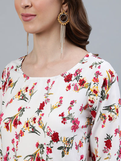 Women's Off-White Floral Printed Maxi Dress With Three Quarter Sleeves