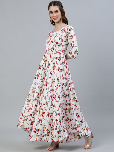 Women's Off-White Floral Printed Maxi Dress With Three Quarter Sleeves