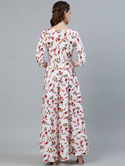 Women's Off-White Floral Printed Maxi Dress With Three Quarter Sleeves