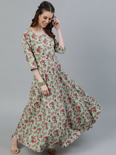 Women's Green Floral Printed Maxi Dress With Three Quarter Sleeves