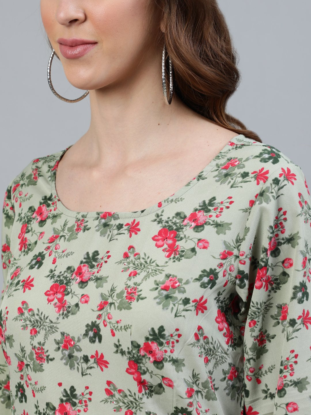 Women's Green Floral Printed Maxi Dress With Three Quarter Sleeves