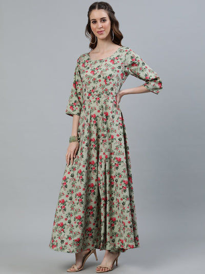 Women's Green Floral Printed Maxi Dress With Three Quarter Sleeves