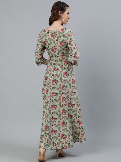 Women's Green Floral Printed Maxi Dress With Three Quarter Sleeves