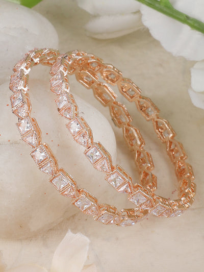 Women's Set Of 2 Rose Gold-Plated & White Ad-Studded Baguette Cut Bangles