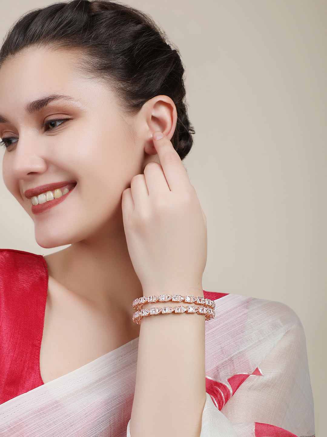 Women's Set Of 2 Rose Gold-Plated & White Ad-Studded Baguette Cut Bangles