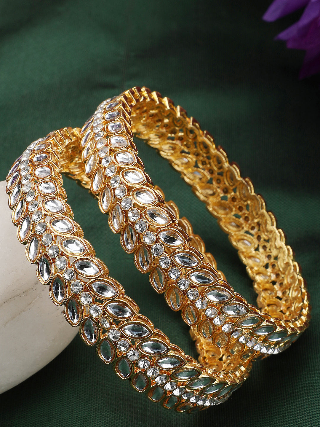 Women's Pack Of 2 Gold-Plated & White Ad-Studded Kada Bangle