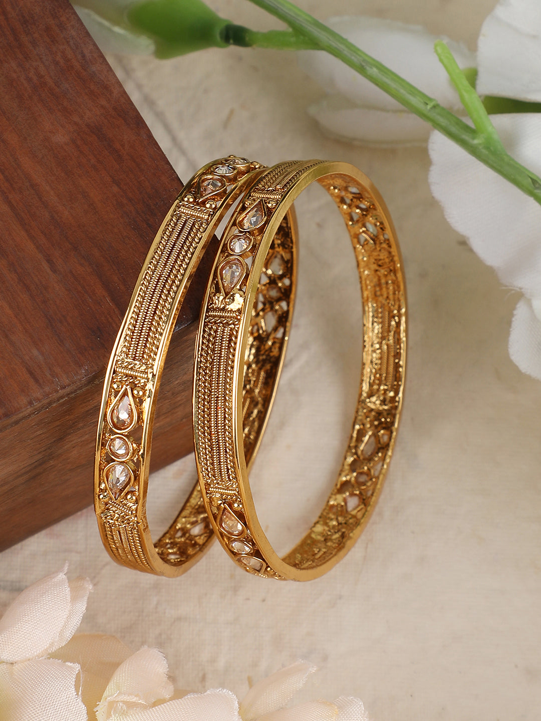 Women's Set Of 2 24K Gold-Plated Red & Green Stone-Studded Hand Crafted Bangles