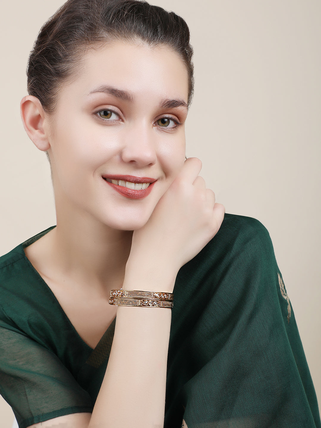 Women's Set Of 2 24K Gold-Plated Red & Green Stone-Studded Hand Crafted Bangles