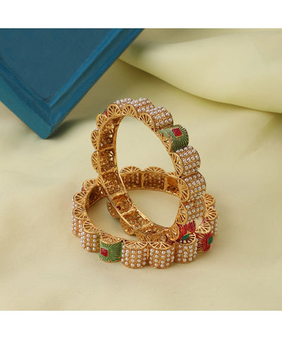 Women's Ethnic Gold Plated Enameled Pearl Studded Structured Bangles