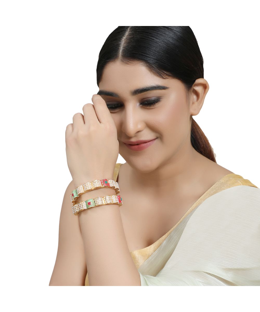 Women's Ethnic Gold Plated Enameled Pearl Studded Structured Bangles