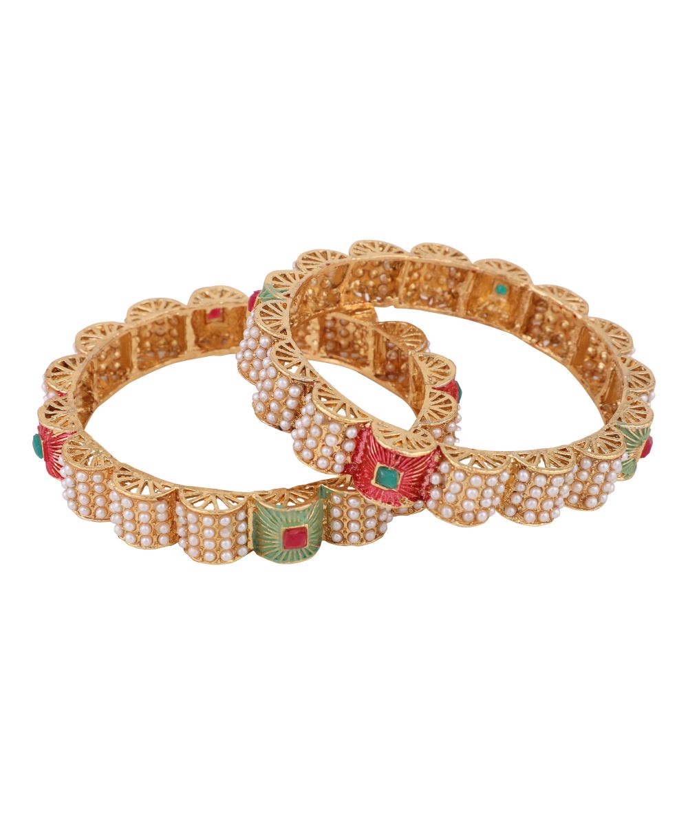 Women's Ethnic Gold Plated Enameled Pearl Studded Structured Bangles