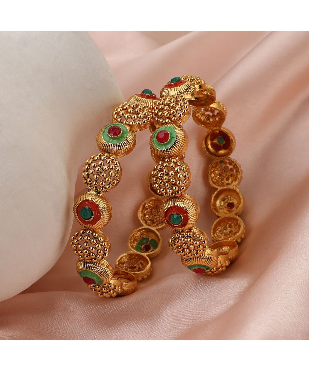 Women's Gold Plated Enameled Stone Studded Statement Bangles