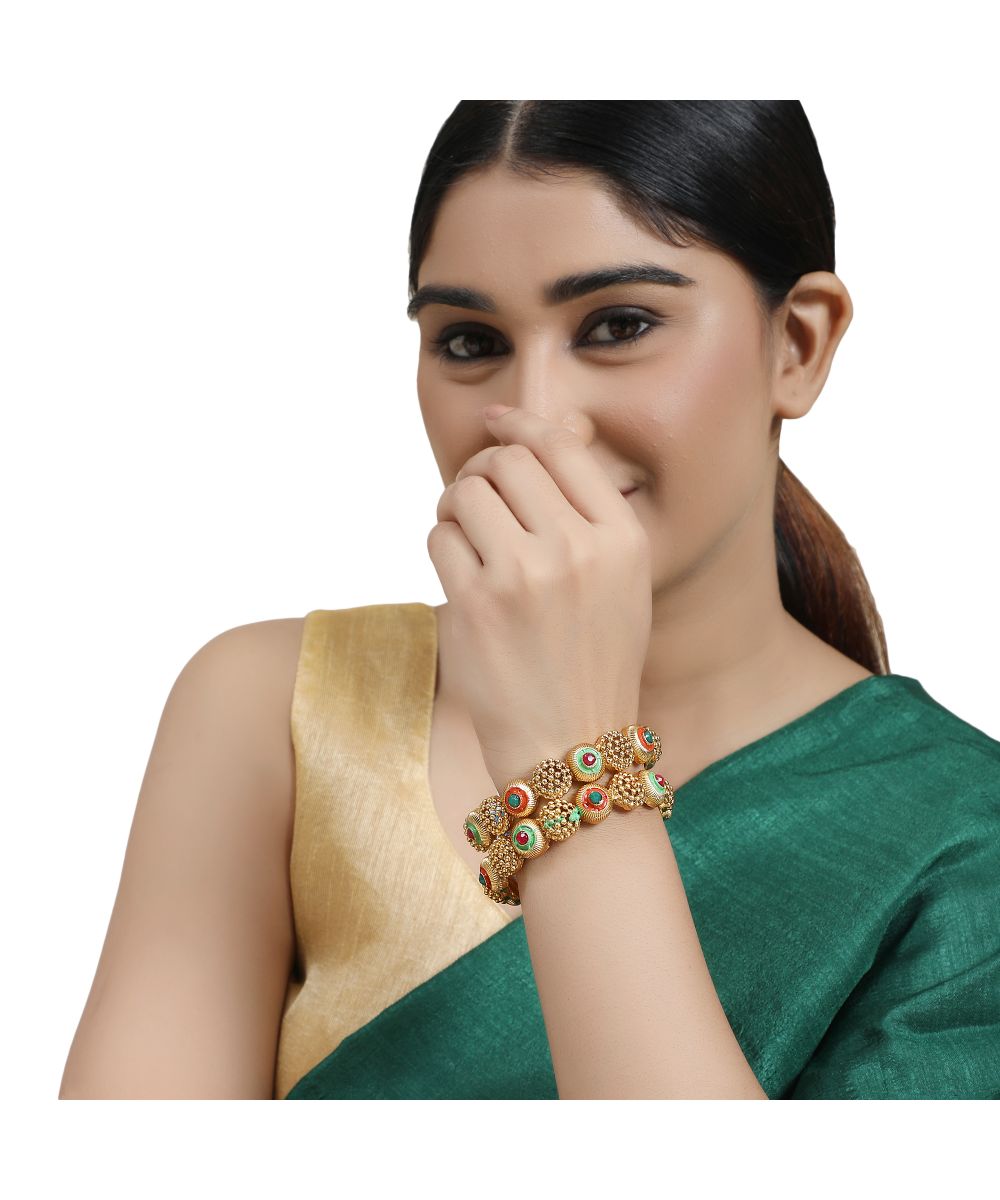 Women's Gold Plated Enameled Stone Studded Statement Bangles