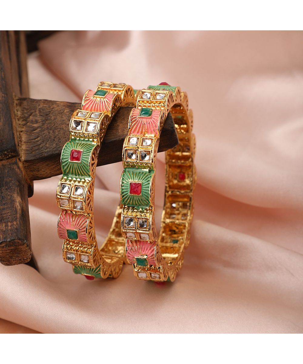 Women's Enameled Gold Plated Stone Studded Statement Bangle Set