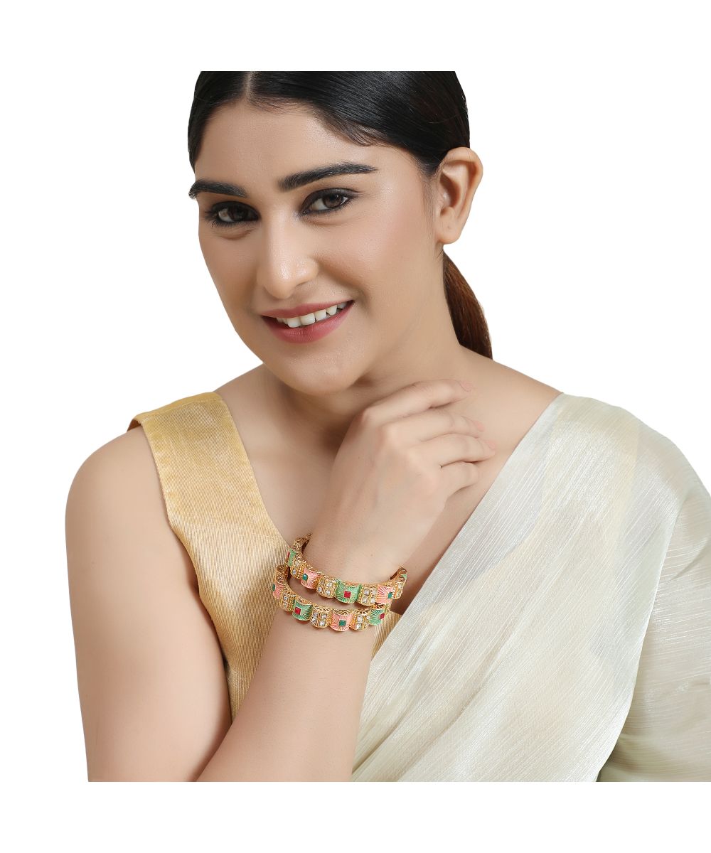 Women's Enameled Gold Plated Stone Studded Statement Bangle Set