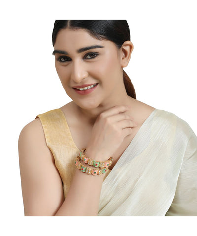 Women's Enameled Gold Plated Stone Studded Statement Bangle Set