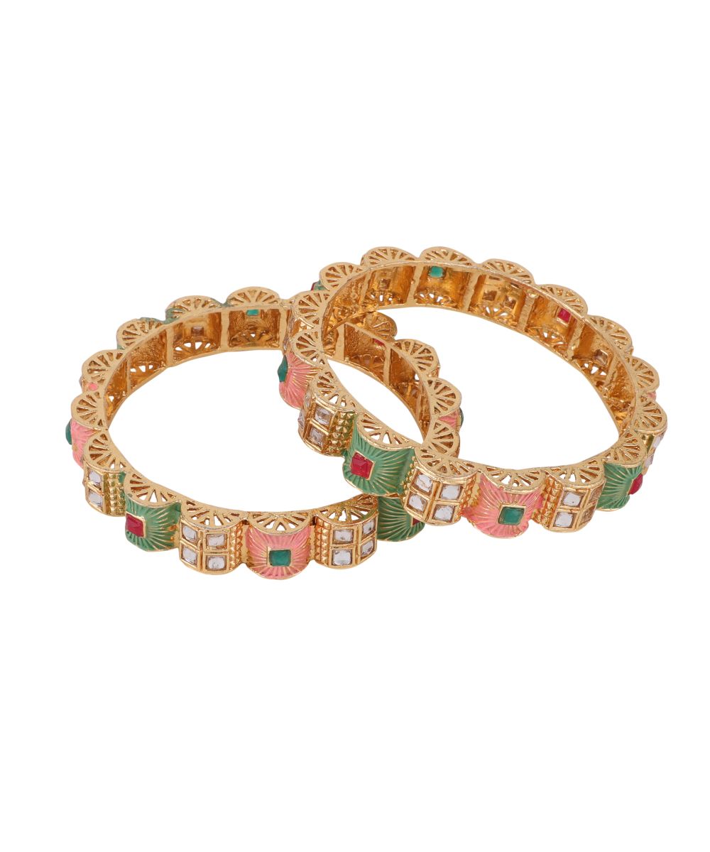 Women's Enameled Gold Plated Stone Studded Statement Bangle Set