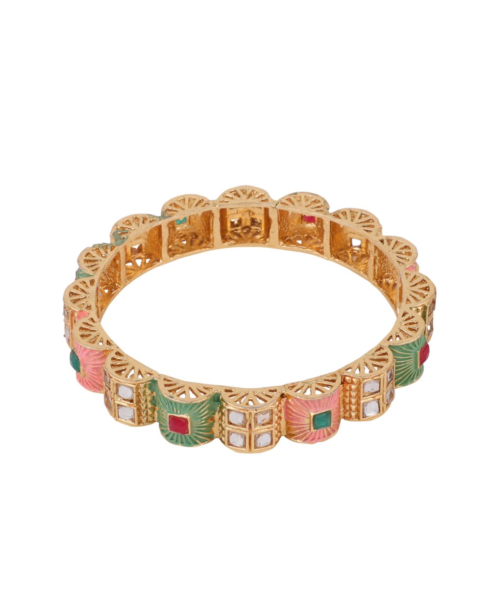 Women's Enameled Gold Plated Stone Studded Statement Bangle Set