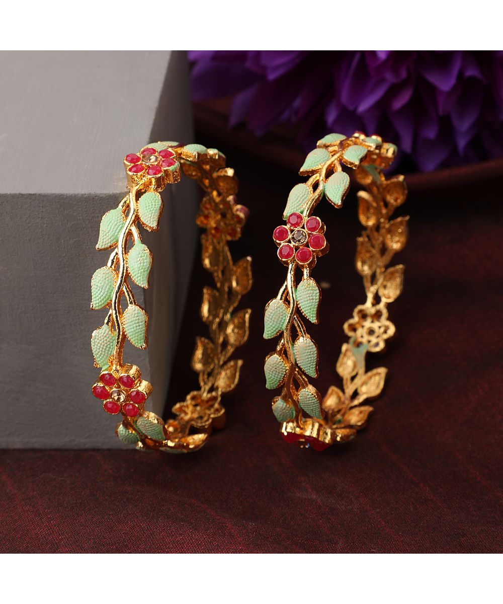Women's Enameled Gold Plated Leaf Shaped Statement Bangle Set