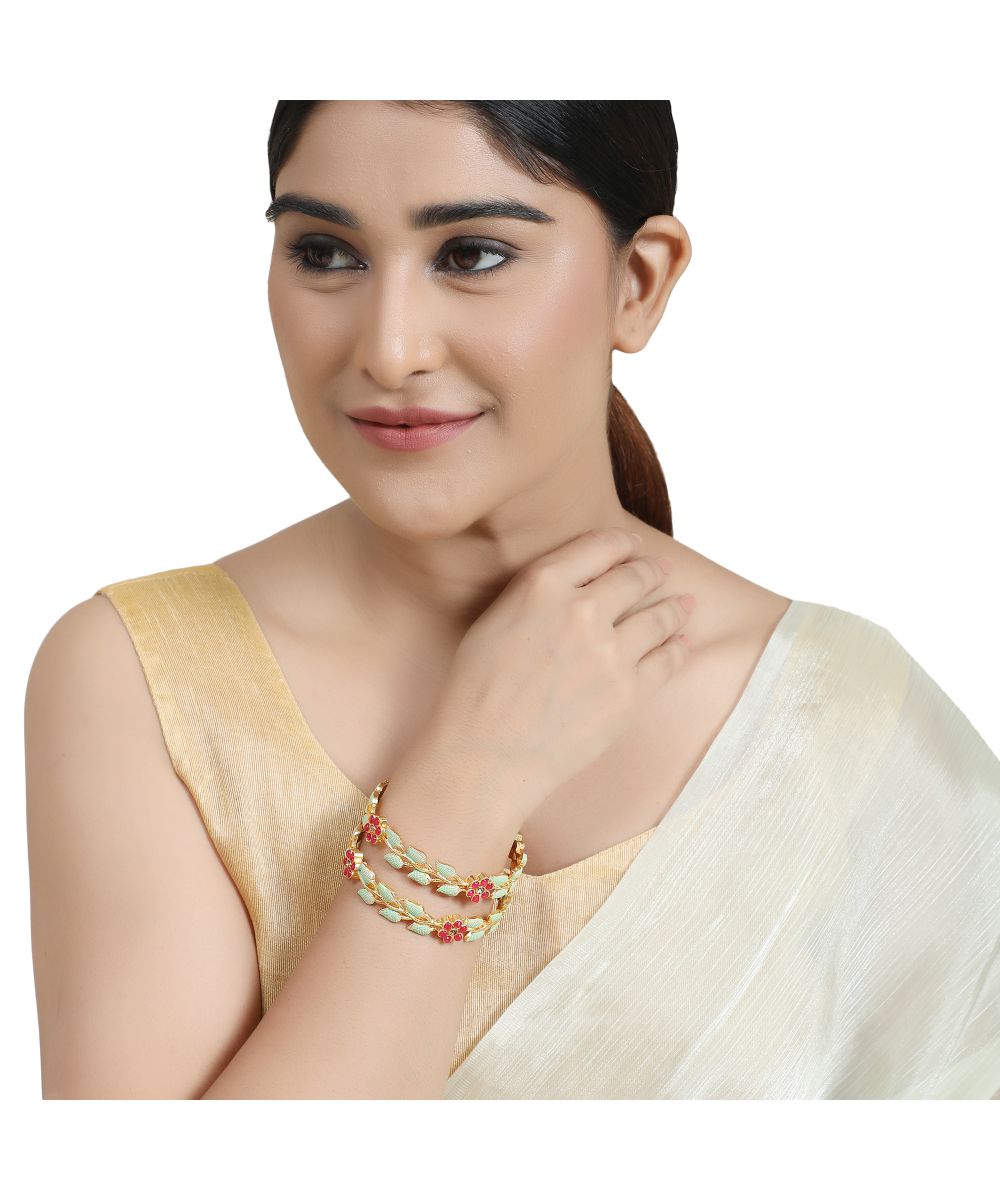 Women's Enameled Gold Plated Leaf Shaped Statement Bangle Set