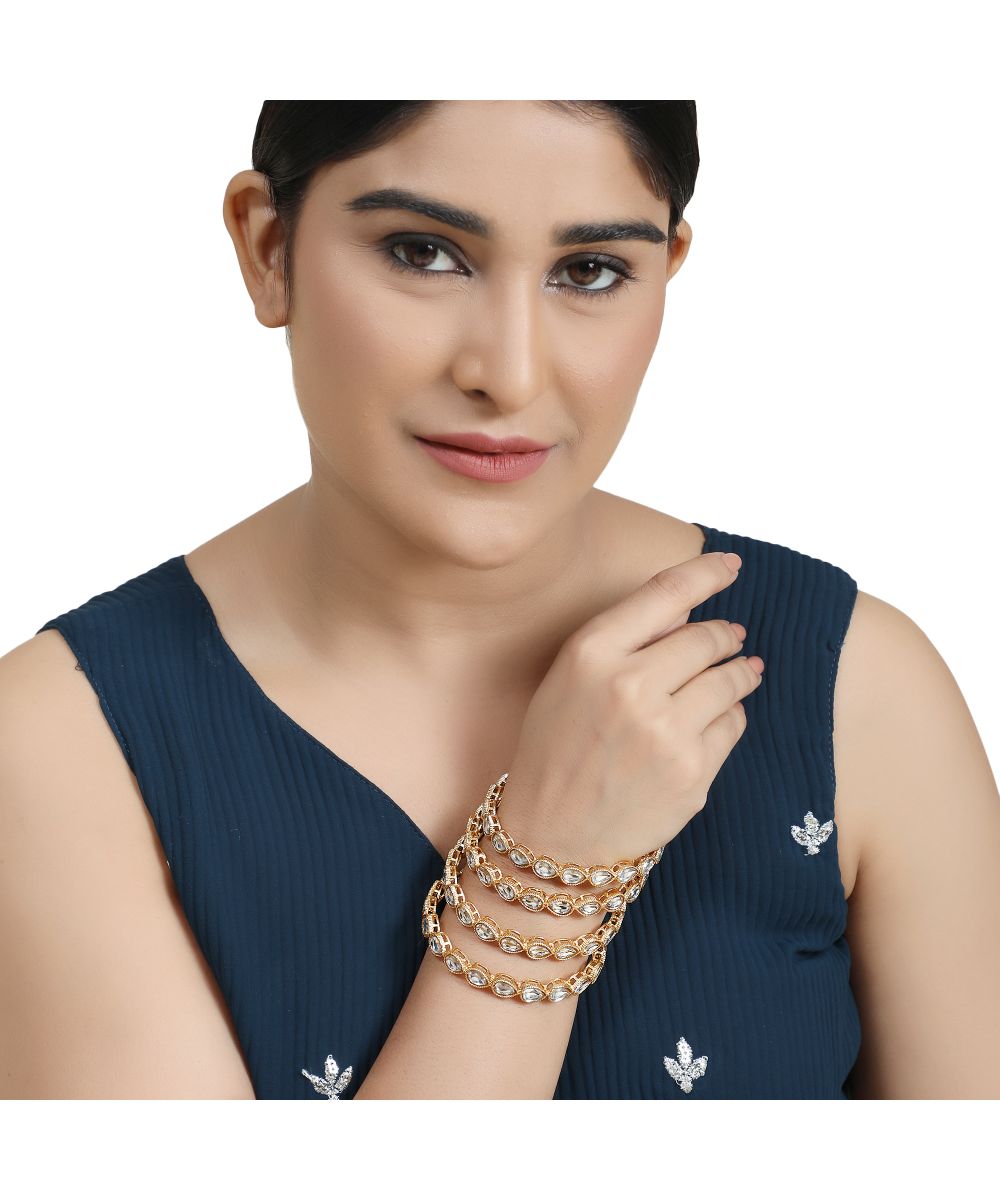 Women's Gold Plated White Stone Studded Set of 4 Bangles