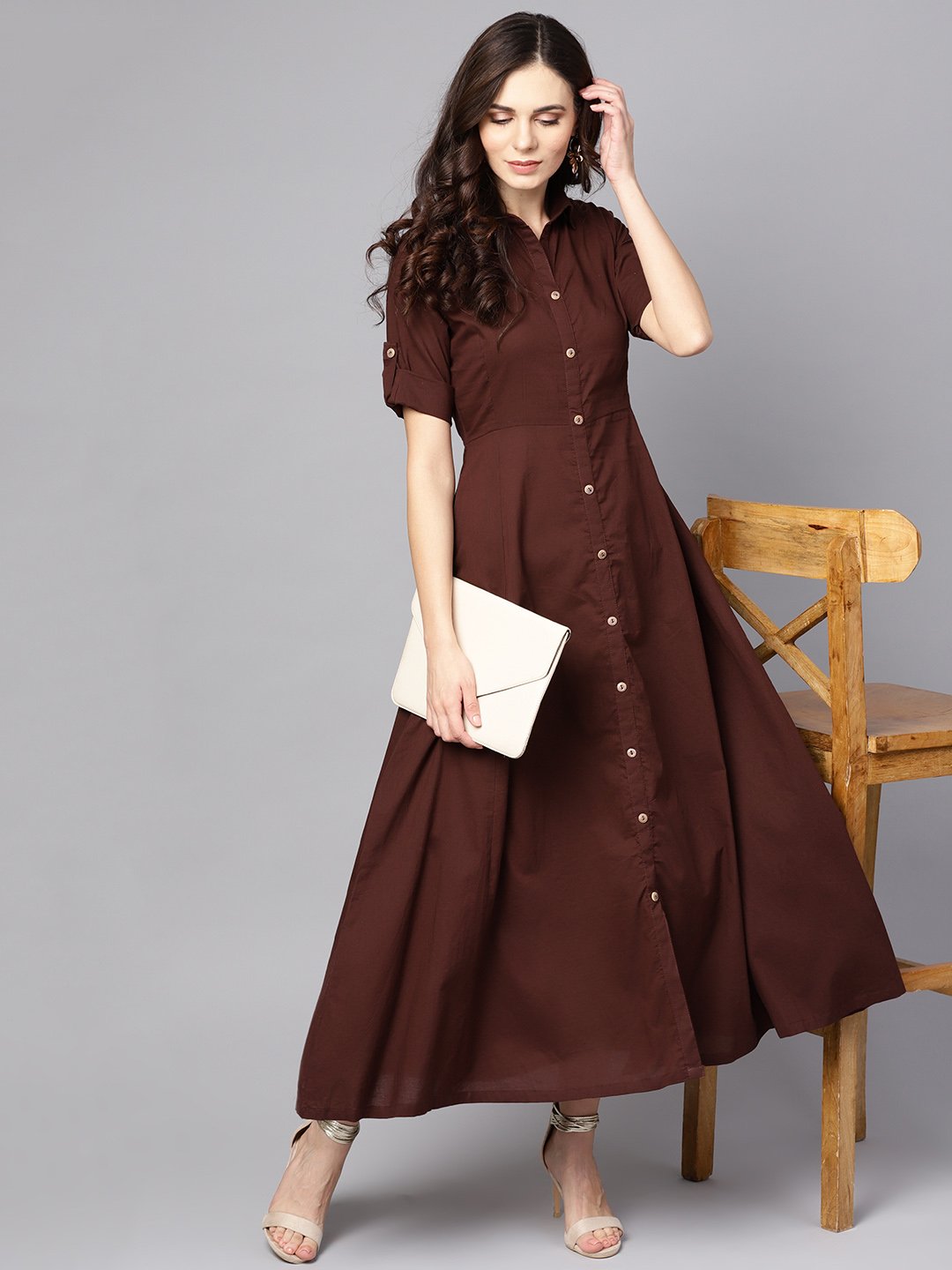 Women's Solid Chocolate Brown Maxi Dress With Shirt Collar & 3/4 Sleeves
