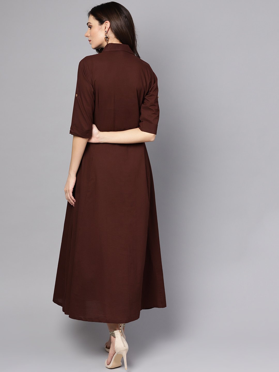 Women's Solid Chocolate Brown Maxi Dress With Shirt Collar & 3/4 Sleeves